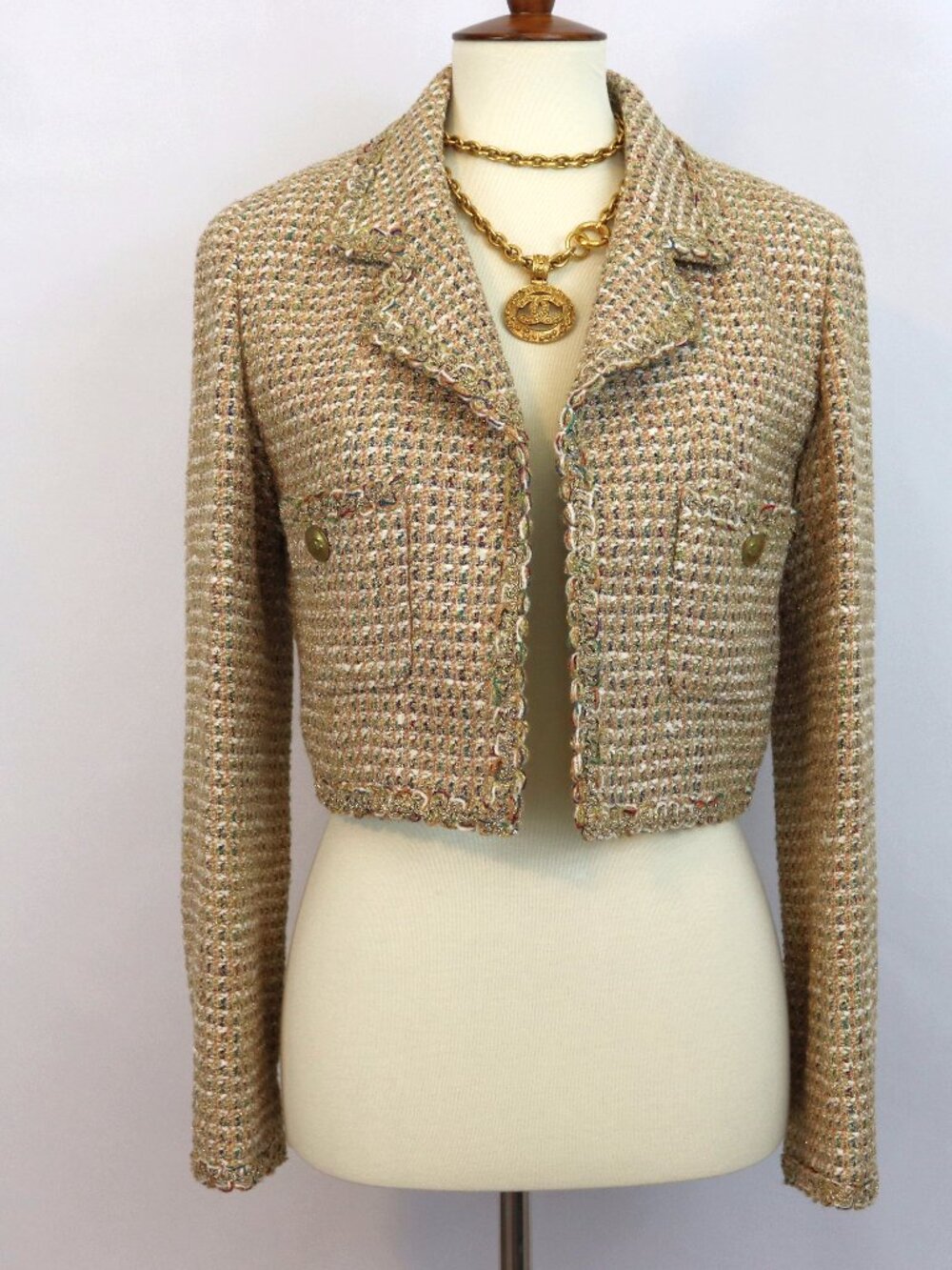 CHANEL Archival Runway Vintage 1994 Gold Lurex Tweed Jacket Crop Blazer Size 38